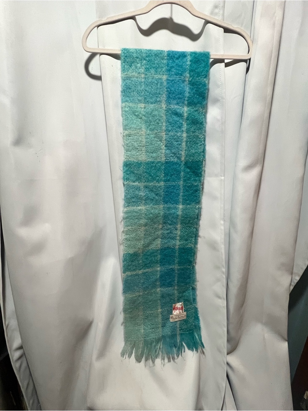 Vintage Made in Scotland 70% Mohair 30% Wool Plaid Fringe Scarf Turquoise Teal - Picture 6 of 6